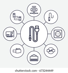 Connector icons set. set of 9 connector outline icons such as wire, plug socket, phone cable, phone connection cable