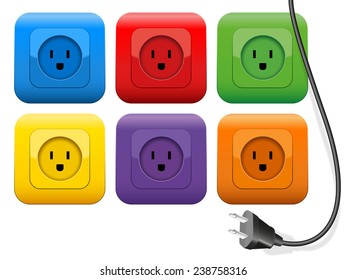 Connector plug which has plenty of choice of colorful sockets. Isolated vector illustration on white background.