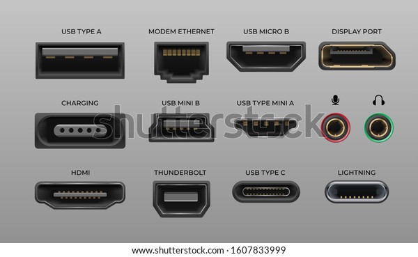 Connector and ports. USB type A\
and type C, video ports hand drawnMI DVI and Displayport, audio\
coaxial, lightning vector ports, universal elements pc\
connectors
