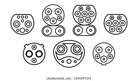 Connectors for electric cars. Types of charger plugs. Vector illustration