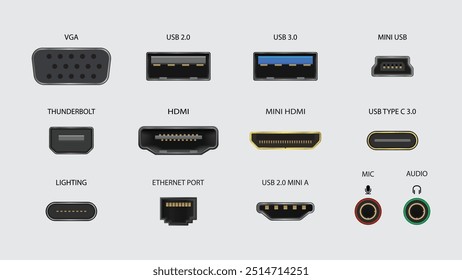 Conectores y puertos: HDMI, Mini HDMI, VGA, USB 2.03.0, USB tipo C, Lightning, Thunderbolt, Ethernet, micrófono y enchufes de audio para computadoras y dispositivos móviles