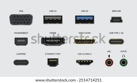 Connectors and Ports: HDMI, Mini HDMI, VGA, USB 2.03.0, USB Type-C, Lightning, Thunderbolt, Ethernet, Microphone and Audio Plugs for Computers and Mobile Devices