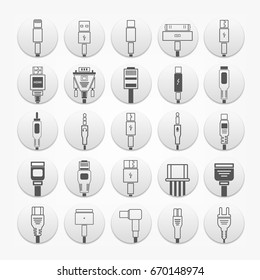 connectors, sockets and jack line icons set. Technology in flat design connector electric power, mobile devices connect, wire and plug