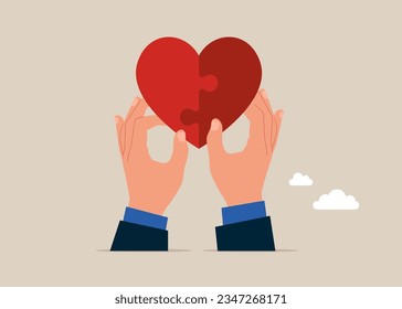 Connects the heart puzzle. Cooperation. Vector illustration