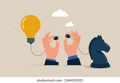 Conecta una bombilla de luz a una pieza de ajedrez. Estrategias empresariales creativas. Ilustración del vector