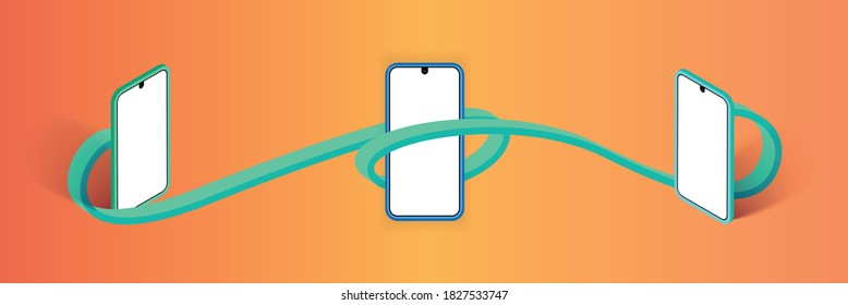 Connects three phones at different angles and different colors to a line on the gradient background
