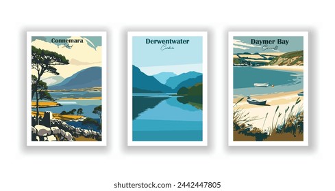 Connemara, Ireland. Daymer Bay, Cornwall. Derwentwater, Cumbria - Set of 3 Vintage Travel Posters. Vector illustration. High Quality Prints