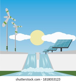 Connept icon of Renewable energy. Energy from solar cells, wind turbines under blue sky.