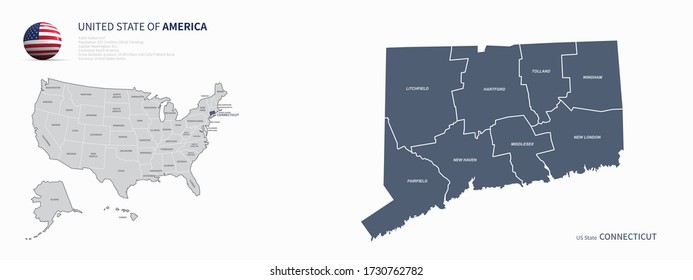 mapa de conexiones. mapa vectorial de conneticut, Estados Unidos.