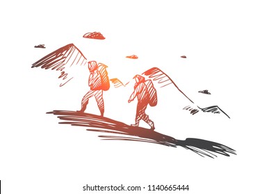 Conquer, achieve, together, challenge, climbing concept. Hand drawn persons climbing on mountain concept sketch. Isolated vector illustration.