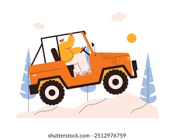 Conquer obstacles by driving a special offroad car, extreme sports vector illustration.