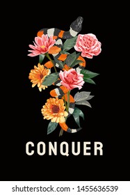 conquer slogan with king snake wrapping around flowers illustration 