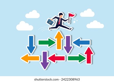 Conquer uncertainty Decision-making, determination for success, courage to tackle adversity, solve problems concept, businessman jumping on uncertainty random direction arrows.