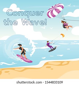 Conquer the wave social media post mockup. Extreme water sport. Inspirational web banner design template. Social media booster, content layout. Motivational poster, print ads with flat illustrations