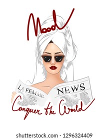 Conquer the world slogan with girl in sunglasses illustration. Perfect for home decor such as posters, wall art, tote bag, t-shirt print, sticker, postcard, greeting card.