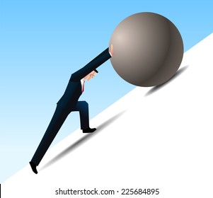 Conquering Adversity Businessman Pushing A Rock Uphill