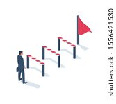 Conquering adversity. Hurdle on way concept. Businessman obstacle metaphor. Overcoming obstacle on road. Barrier on way to success. Vector illustration isometric 3d design. Isolated white background.
