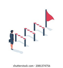 Conquering adversity. Hurdle on way concept. Businesswoman obstacle metaphor. Overcoming obstacle on road. Barrier on way to success. Vector illustration isometric 3d design. Isolated white background