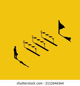 Conquering adversity. Hurdle on way concept. Businessman obstacle metaphor. Overcoming obstacle on road. Barrier on way to success. Vector illustration minimal 3d design. Isolated white background.