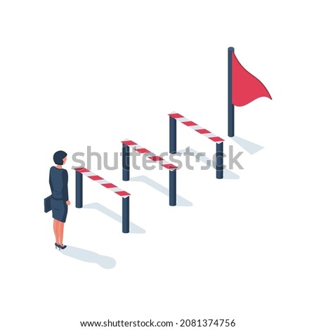 Conquering adversity. Hurdle on way concept. Businesswoman obstacle metaphor. Overcoming obstacle on road. Barrier on way to success. Vector illustration isometric 3d design. Isolated white background