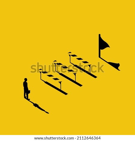 Conquering adversity. Hurdle on way concept. Businessman obstacle metaphor. Overcoming obstacle on road. Barrier on way to success. Vector illustration minimal 3d design. Isolated white background.
