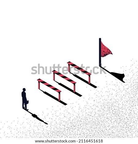 Conquering adversity. Hurdle on way concept. Businessman obstacle metaphor. Overcoming obstacle on road. Barrier on way to success. Vector illustration isometric 3d design. Isolated white background.
