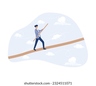 Conquering Adversity Problem, Man Walking Balancing with Briefcase on Long Wire Tightrope Risk Danger Business Challenge, flat vector modern illustration