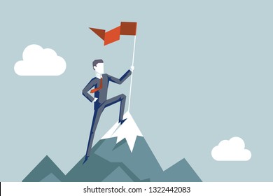 Conquering heights flag businessman character conqueror achievement top point goal mountain background business concept flat design vector illustration