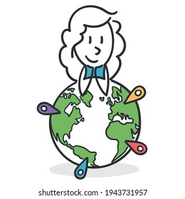 Conqueror stick girl. Concept of girl who masters several languages ​​and has been successful in several countries