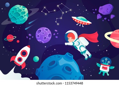 conquest of space. cartoon universe. vector illustration. planets and spaceship. child.