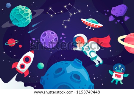 conquest of space. cartoon universe. vector illustration. planets and spaceship. child.