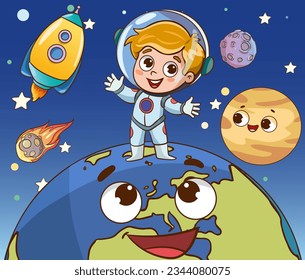 Conquest of space. Space elements. Planet earth, sun and galaxy, spaceship and star, moon and small kids astronaut, vector illustration.