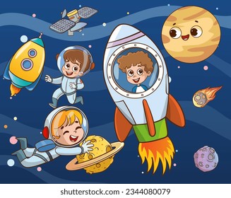 Conquest of space. Space elements. Planet earth, sun and galaxy, spaceship and star, moon and small kids astronaut, vector illustration.