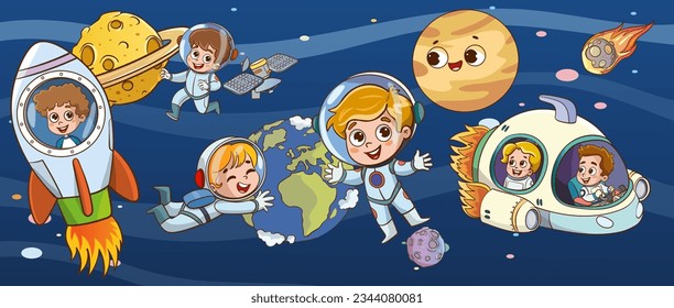 Conquista del espacio. Elementos espaciales. Tierra planetaria, sol y galaxia, nave espacial y estrella, astronauta de luna y niños pequeños, ilustración vectorial.