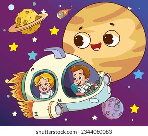 Conquest of space. Space elements. Planet earth, sun and galaxy, spaceship and star, moon and small kids astronaut, vector illustration.