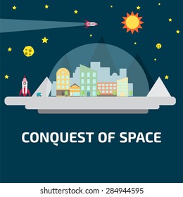 Conquest of space of the Moon. Future human colony.