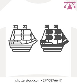 Conquiscador ship line and solid icon, shipping concept. Vector graphics. Vessel with two sails and flags sign and editable stroke, outline style icon for mobile or web design