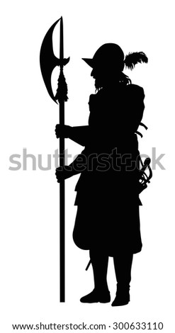 Conquistador with halberd. Detailed vector silhouette. EPS 8