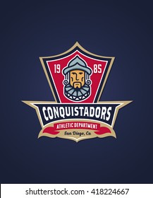 Conquistadors Varsity, College, School, Amateur League Sport Team Logo Concept, T Shirt Graphics. Jersey Apparel Design. Retro Old-Fashioned Vector Illustration. 