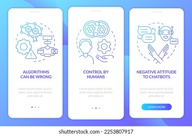 Cons of AI marketing blue gradient onboarding mobile app screen. Problems walkthrough 3 steps graphic instructions with linear concepts. UI, UX, GUI template. Myriad Pro-Bold, Regular fonts used