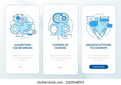Cons of AI marketing blue onboarding mobile app screen. Problems walkthrough 3 steps editable graphic instructions with linear concepts. UI, UX, GUI template. Myriad Pro-Bold, Regular fonts used