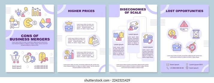 Cons of business mergers purple brochure template. High prices. Leaflet design with linear icons. Editable 4 vector layouts for presentation, annual reports. Arial-Black, Myriad Pro-Regular fonts used