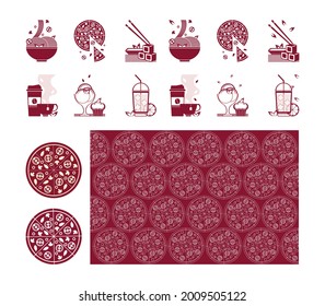 cons. Food icons. Drinks icons. Dessert. Sushi. Pizza. Noodles. Coffee. Tea. Seamless print. Seamless ornament. Vector.