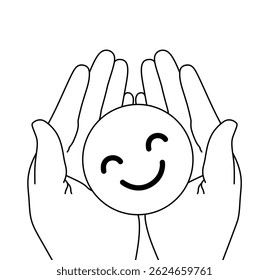 cons Hands holding green happy smile face paper cut, good feedback rating and positive customer review, experience, satisfaction survey ,mental health assessment