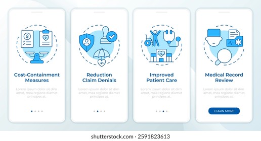 Cons of utilization management blue onboarding mobile app screen. Walkthrough 4 steps editable graphic instructions with linear concepts. UI, UX, GUI template