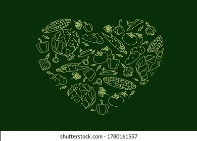 cons of various vegetables in the form of heart shape. Vector hand drawn illustration of vegetables