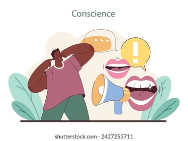 Conscience concept. Individual facing a call to conscience, represented by speech bubbles and a symbolic megaphone. Flat vector illustration.