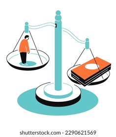 Conscience on the scales - colorful flat design style illustration with linear elements. Orange and blue colored picture with money against humanity and professionalism. Bribery and corruption idea