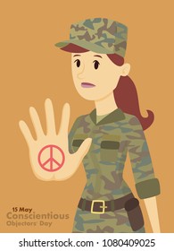 Conscientious objectors day greeting card. Woman against war.