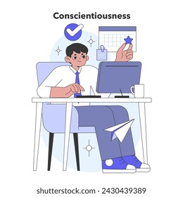 Conscientiousness aspect of the Big Five Personality. A focused individual at work, displaying organization and attention to detail. Flat vector illustration.